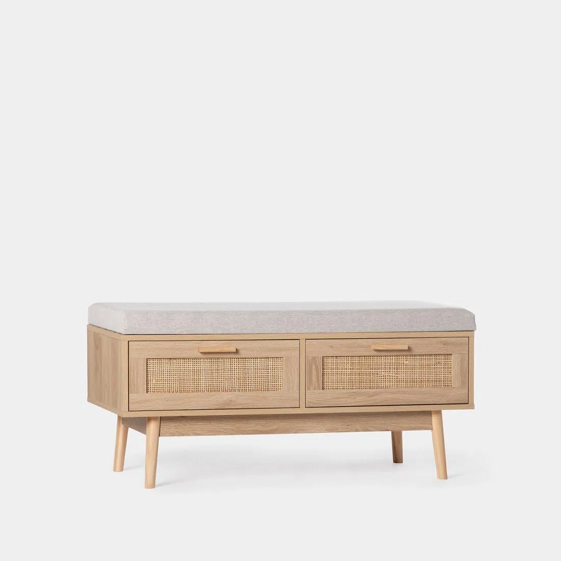 KLAST Banco en Madera y Ratán Natural con Cojín Tahiti, Incluye Dos Cajones y Aporta un Toque Natural y Confort a Cualquier Espacio.
