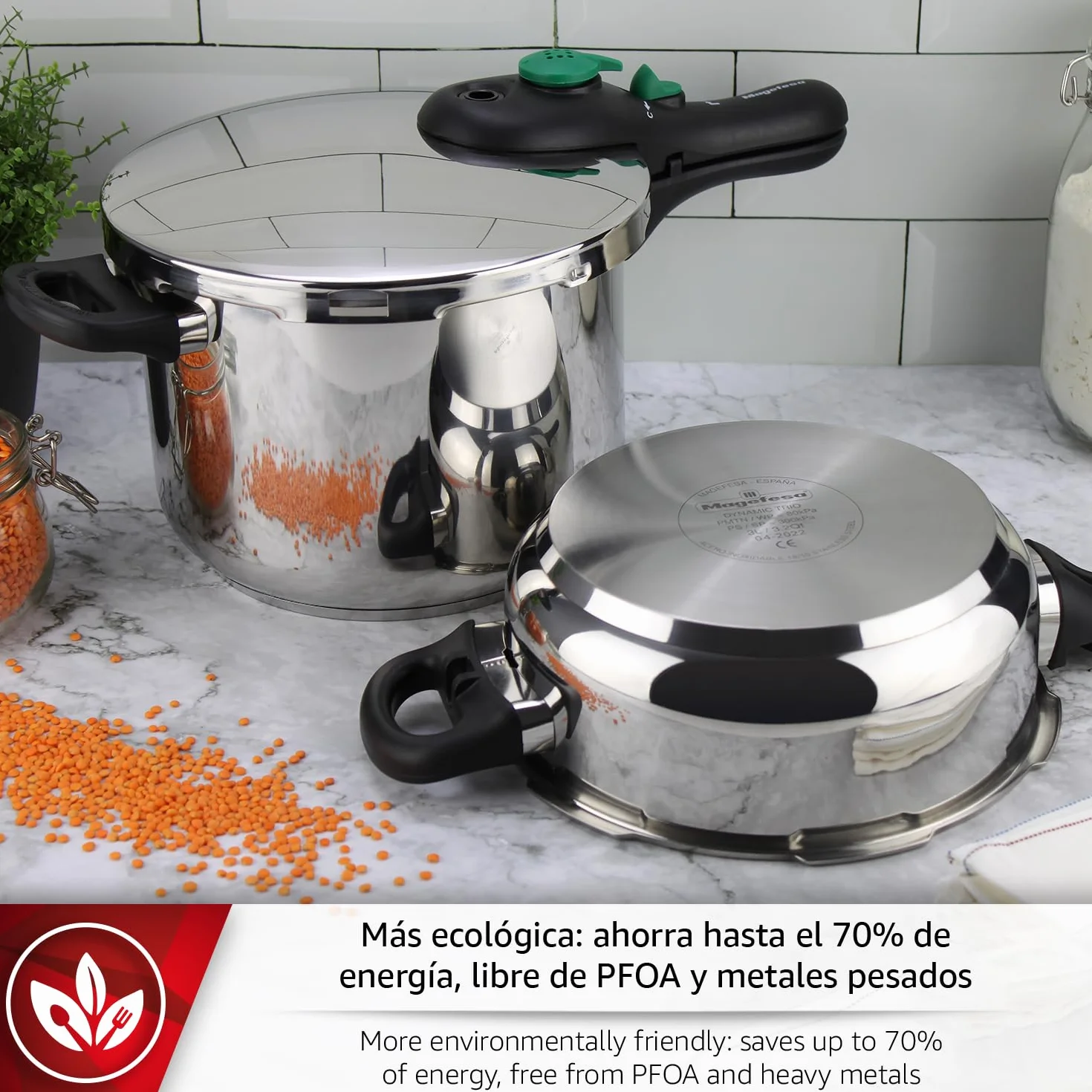 Magefesa DYNAMIC - Olla Express Rápida 6L, Acero Inoxidable 18/10, 5 Sistemas de Seguridad, Fácil Uso, Apto para Todo tipo de cocinas, Inducción