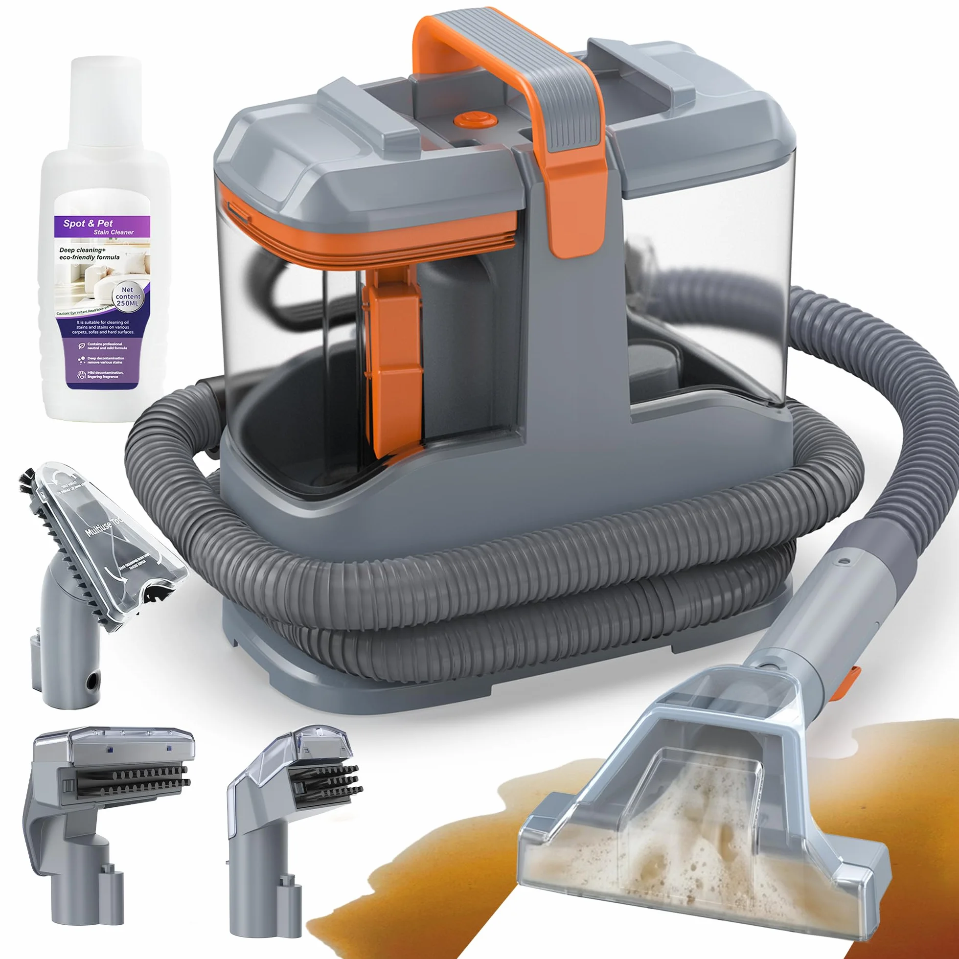 Limpiador de Tapicerías 450W 13kPa, Aspiradora de Agua para Tapicería y Sofá, Máquina para Limpiar Sofás, Alfombras y Colchones, con 3 Cepillos y Doble Depósito Autolimpiable, Portátil 2,6kg
