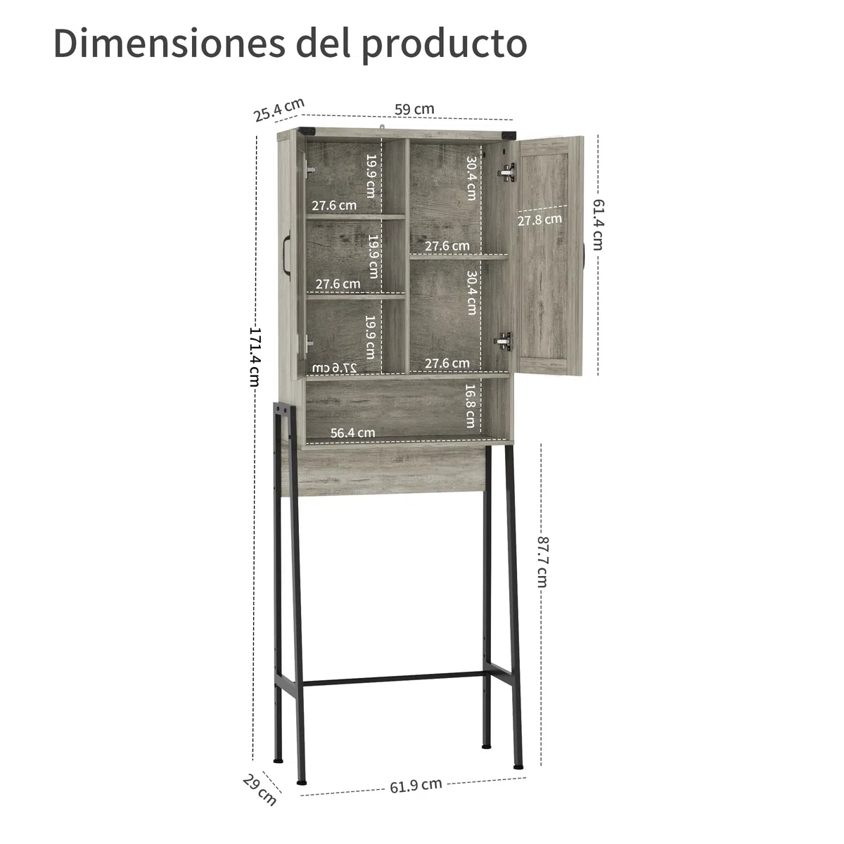 BonVache Estantería para inodoro con puertas, estantería de baño con 6 estantes, estantes para lavadoras pequeñas, armario para baño, 171 x 59,6 x 25,3 cm, gris