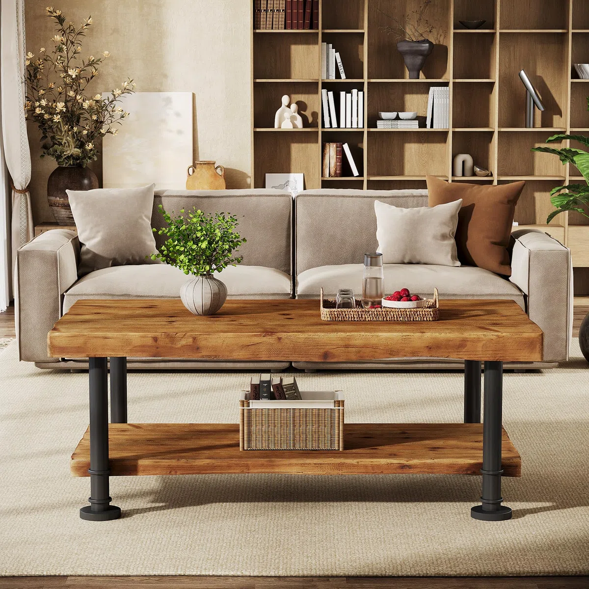 Tribesigns Meseta de Centro Estilo Granja, Mesa de café de Madera con Almacenamiento, Estante de 2 Niveles con Borde Vivo, Patas de Metal, Mesa Central Rectangular de 47" para Sala de Estar, salón