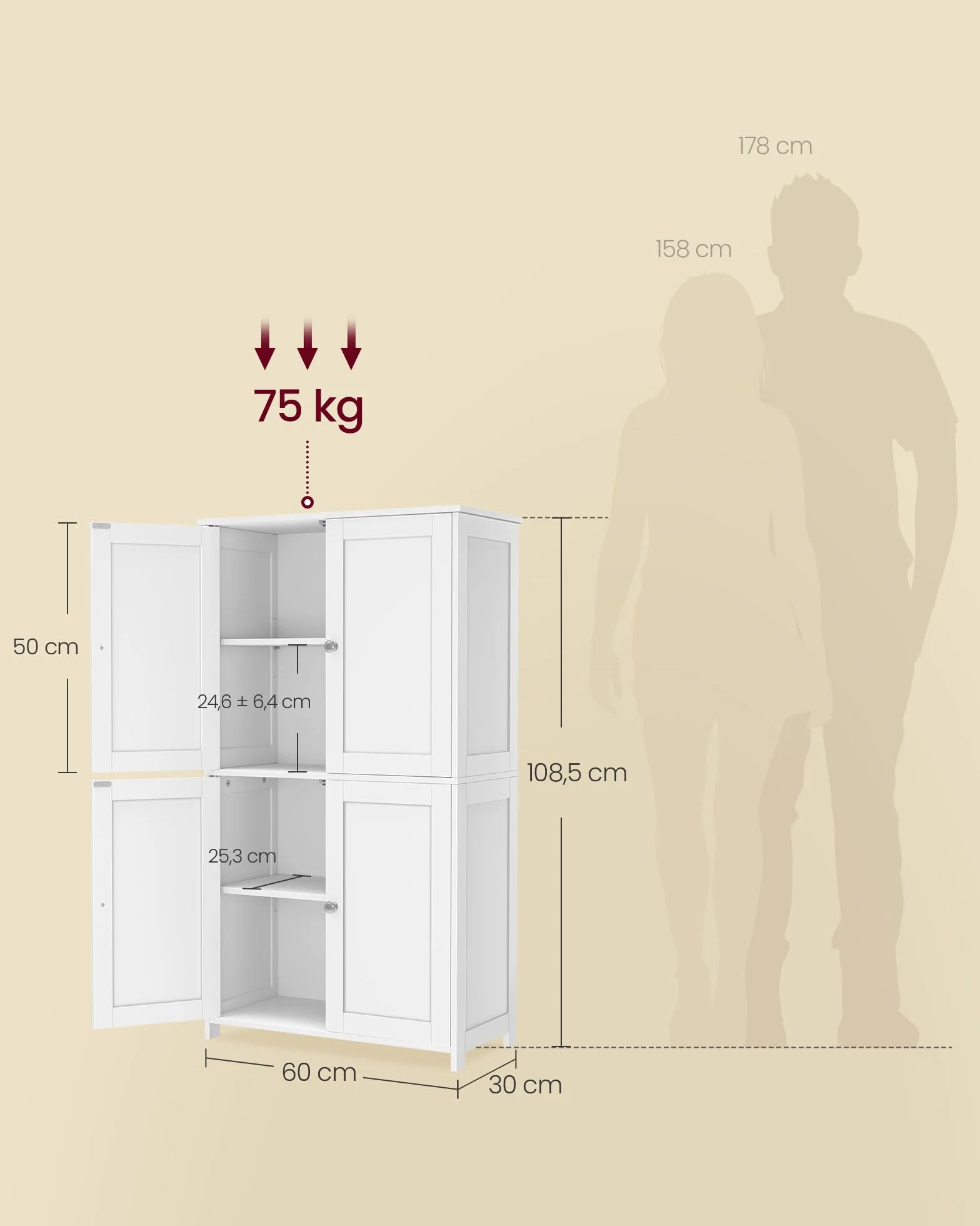 VASAGLE Mueble de Baño, Armario de Almacenaje, con 2 Estantes Regulables y 4 Puertas, Mueble Alto para Cocina, Blanco Nube BBC553WH01