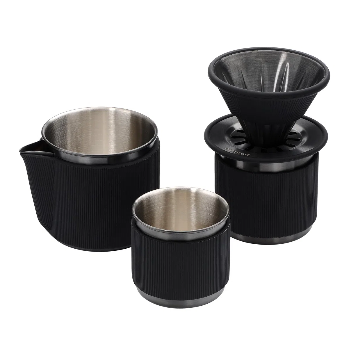 Normcore Juego de cafetera portátil de viaje, gotero de café de viaje de una sola taza, uso V60 y cafetera de papel de filtro ondulado, acero inoxidable 304, revestimiento negro mate