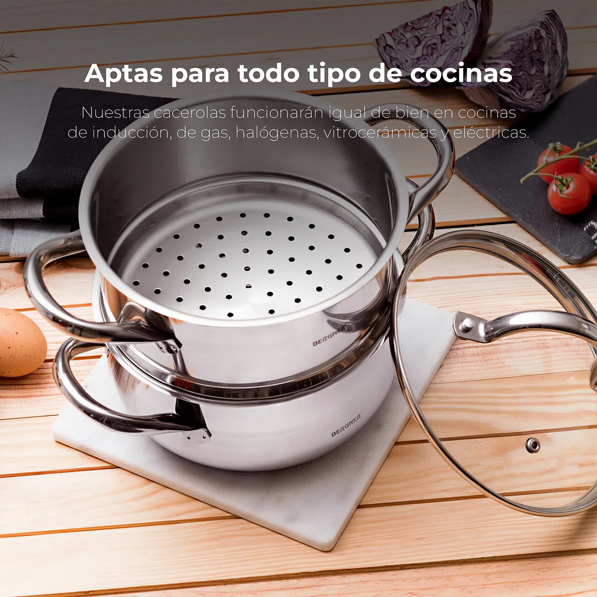 BERGNER Gourmet | Cacerola de Cocina Con Hervidor | Cazuela con Tapa, Hervidor y Capacidad de 2,2L | Acero Inoxidable | Muy Resistente, Fácil de Limpiar y Para Todo Tipo de Cocinas