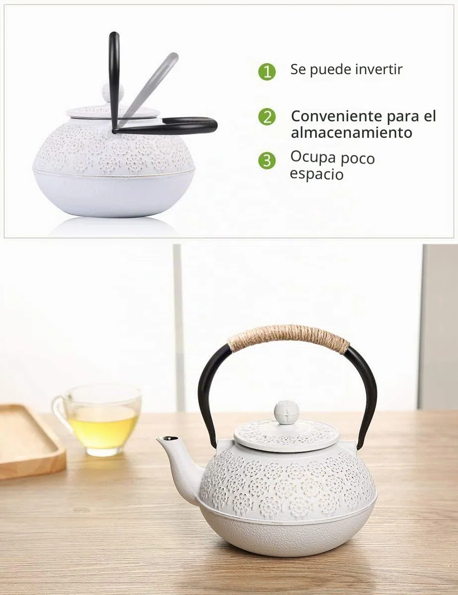 Tetera de hierro fundido japonesa tetsubina con colador de té, 800 ml, color blanco
