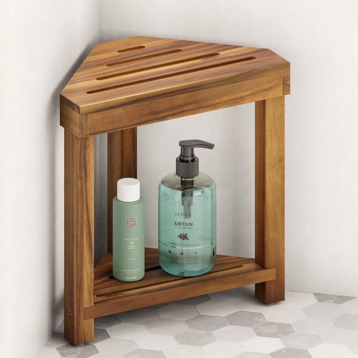 BLUEWEST Reposapiés de ducha, taburete de ducha de esquina, taburete de ducha de madera para afeitarse las piernas, reposapiés de ducha impermeable con estante de almacenamiento para pequeños espacios