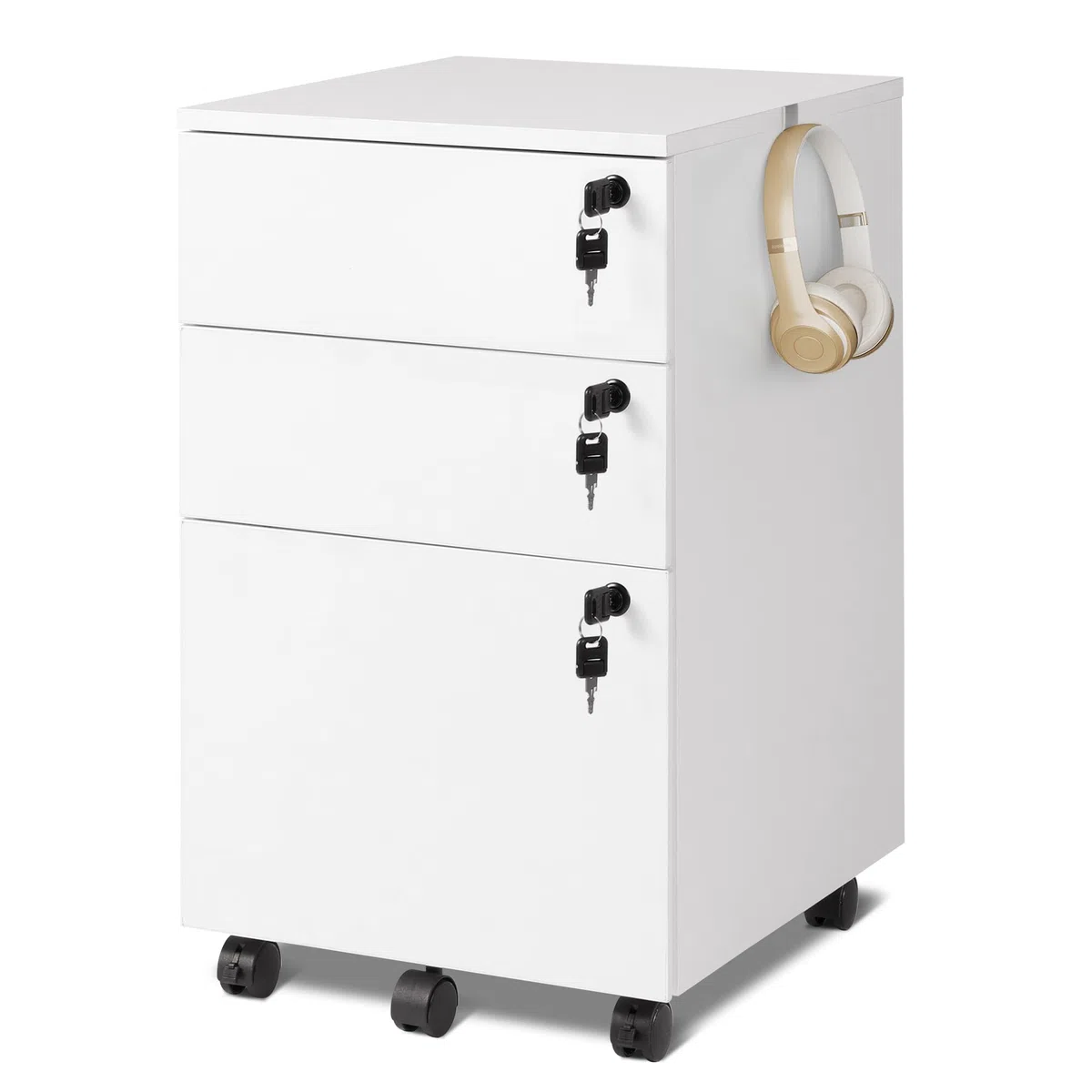 DEVAISE Archivador de 3 Cajones con Cerradura, Mueble Bajo Escritorio Sólido para Documentos A4/Legal/Carta,Blanco