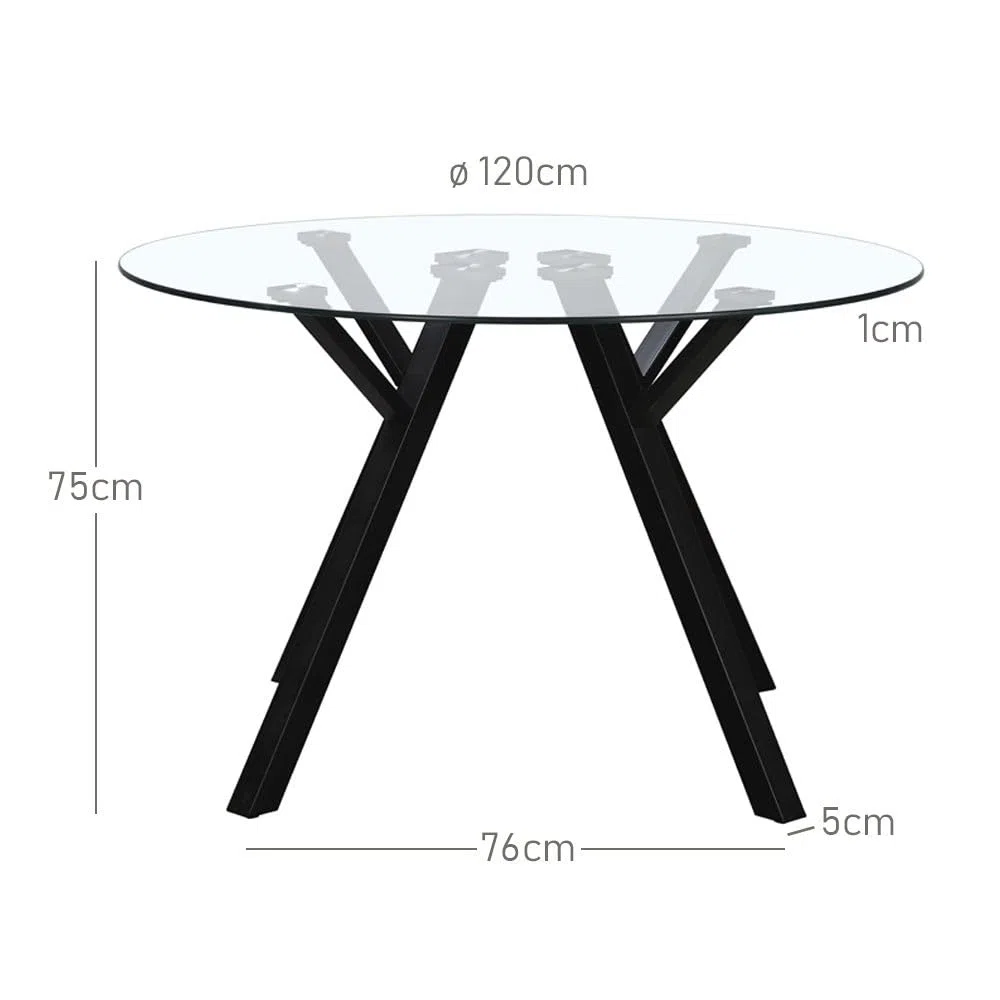 LOLAhome Mesa de Comedor Redonda Elsa para 6 Personas de 120 cm. Estructura Resistente de Metal Negro y Tablero de Cristal Templado. Diseño Ligero y contemporáneo.