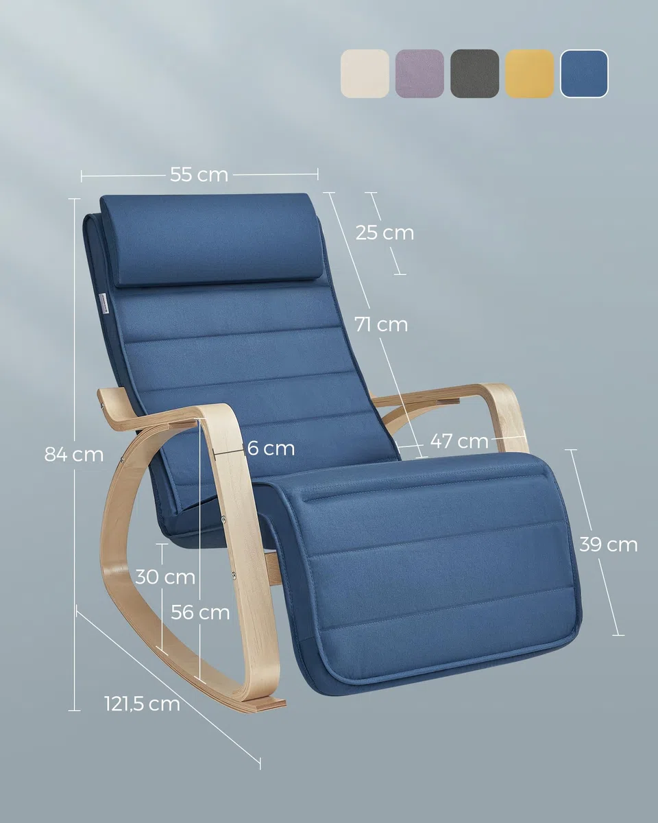 SONGMICS Silla Mecedora, con Apoyabrazos de Madera de Abedul, Silla Mecedora con Reposapiés Ajustable en 5 Posiciones, Máx. Carga de 150 kg, Dormitorio, Salón, Azul Medianoche y Natural LYY010Q01