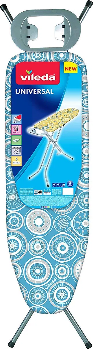 Vileda Universal - Tabla de Planchar Plegable, pequeña y Estable, con Altura Regulable 75-91cm, Medidas: 110 x 30 cm, Color Azul