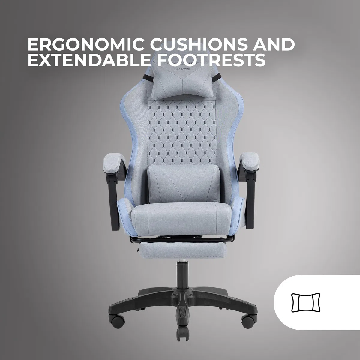 Mars Gaming MGC-X, Silla Gaming Ergonómica, Tejido Transpirable, Respaldo Reclinable y Altura Regulable, Reposabrazos Dinámico, Cojín Cervical y Lumbar, Silla Oficina con Reposapiés Extensible, Azul