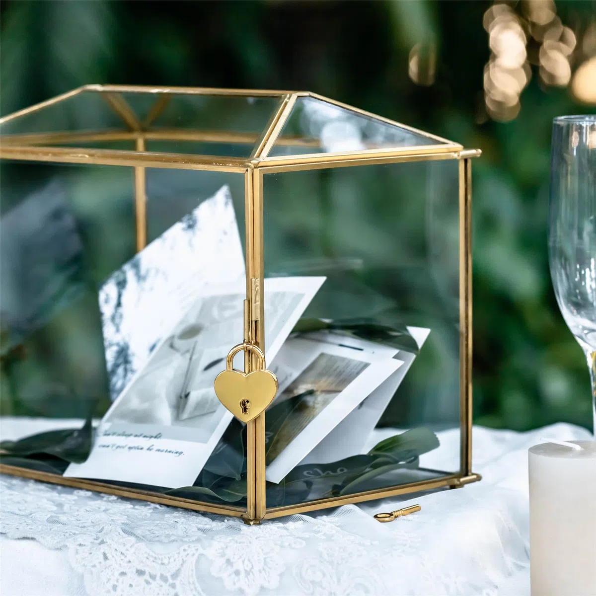 NCYP 26cm Oro Caja de tarjetas de boda con ranura y cerradura, geométrico hecho a mano para recepción de boda, centro de recuerdos (solo caja de vidrio y cerradura)