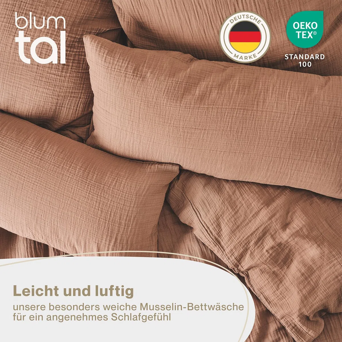 Blumtal Ropa de Cama Muselina 135x200 cm, Funda de Edredón y Almohada 80x80, Oeko-Tex Certificado Algodón Cobre