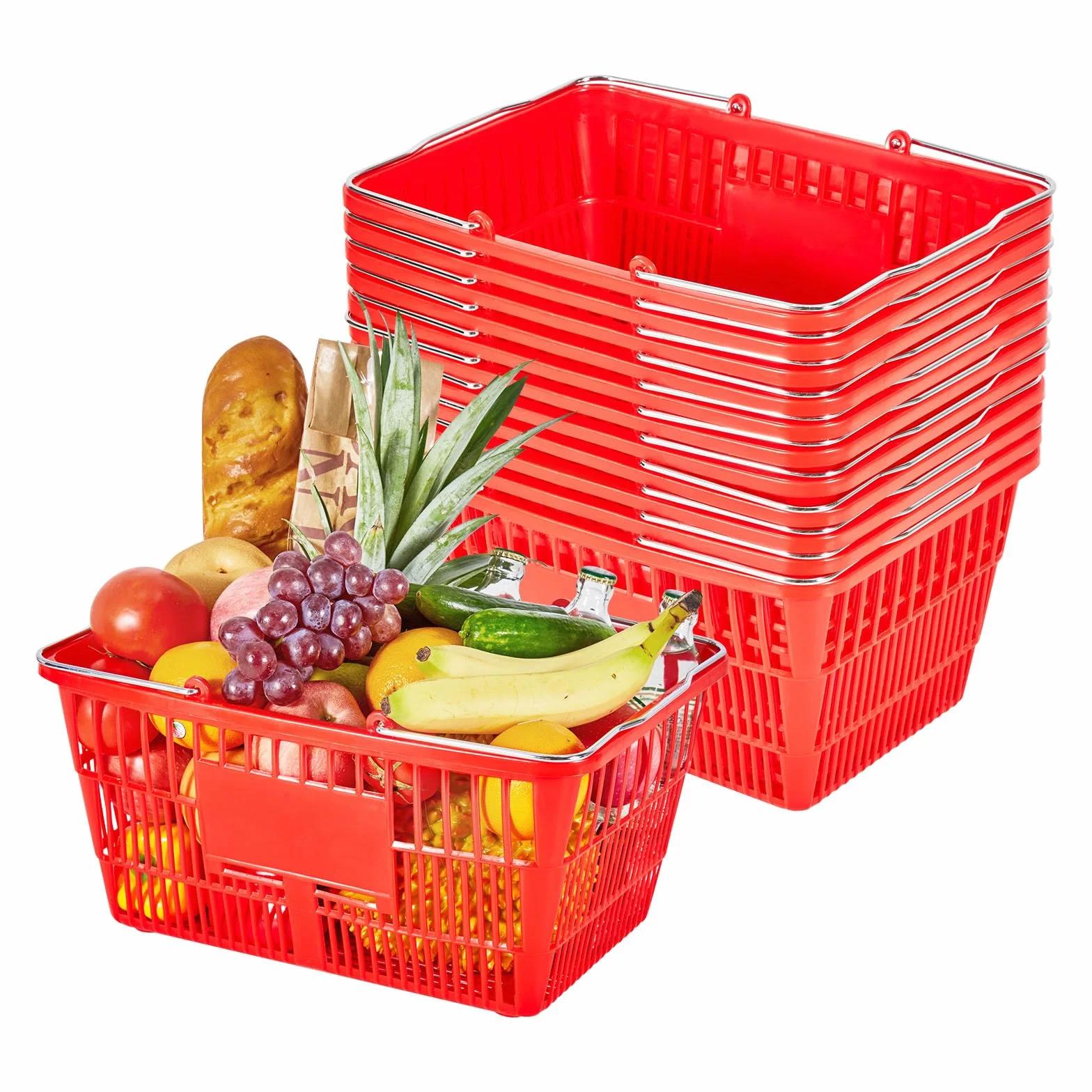 VEVOR Cestas de la Compra Apilables, Plástico PE, 21 L, con Asas Metálicas, Estructura de Malla Densa, Carga 9,07 kg, para Supermercados, Tiendas, Tiendas Minoristas y Uso Doméstico, Rojo, 12 uds