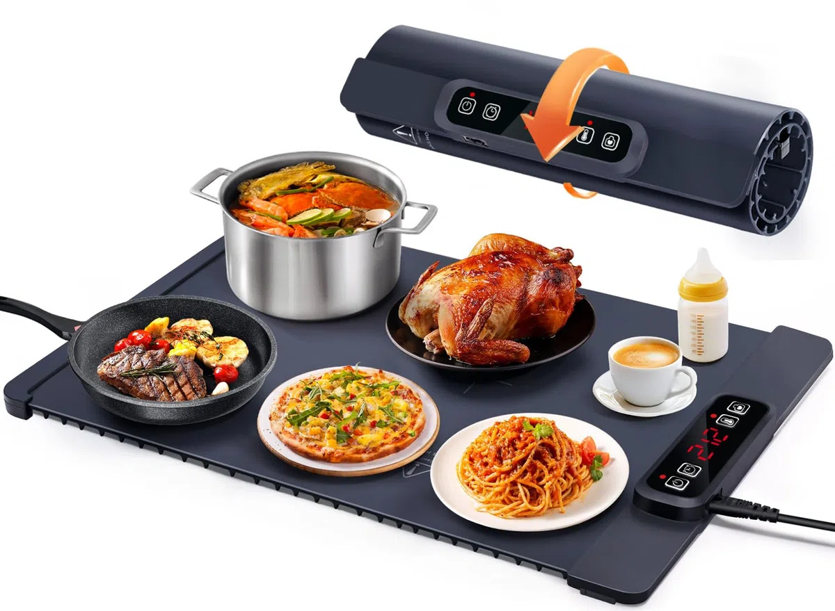 AUTOPkio Bandeja de Calentamiento Eléctrico, Calienta Platos Calentar Alimentos 300W 5 Temperatura & 4 Temporizadores Auto-Apago, Cerradura Niños para Buffets, Fiesta, Descongelado, Hogar