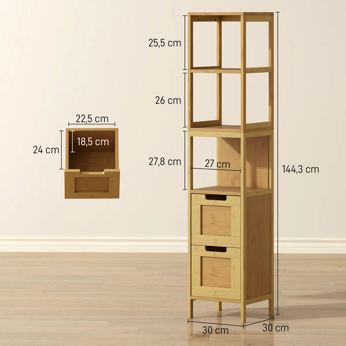 kleankin Armario de Baño Alto, Columna de Baño Estrecha con 3 Estantes y 2 Cajones de Bambú, Estilo Moderno, 30x30x144,3 cm, Natural