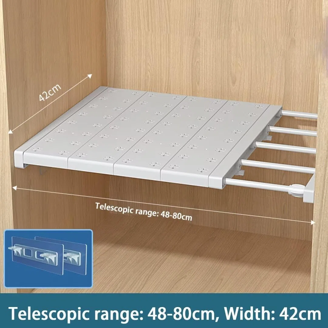 Estante extensible para armario, estantes expandibles, organizador de almacenamiento para armario, divisor de armario ajustable, separador de estante de tensión, ancho 42 cm, largo 48-80 cm