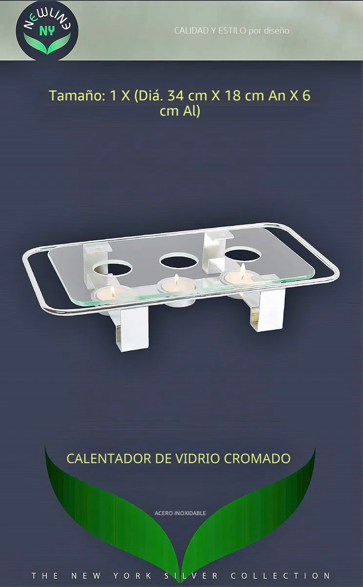NewlineNY - Calentador de Platos de Cristal Cromado, Rectangular, 3 Agujeros, Vela votiva, Calentador de Alimentos Gourmet
