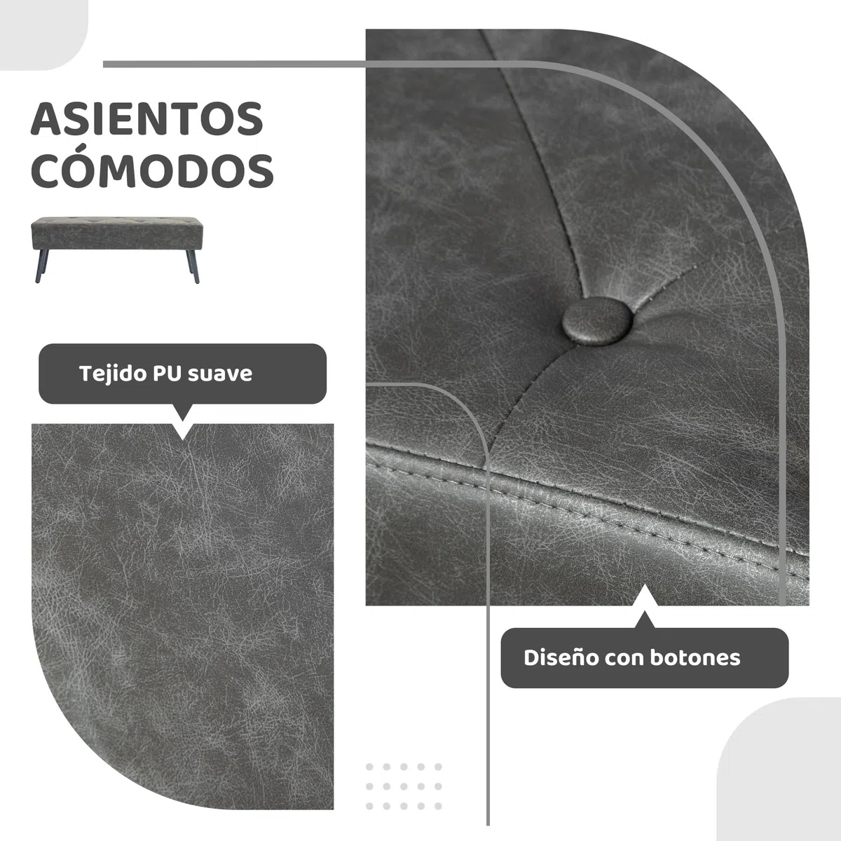 HOMCOM Taburete Pie de Cama Multifuncional Banco Pie de Cama Clásico Banqueta de Dormitorio con Pies de Madera y Asiento Acolchado Carga 220 kg para Entrada Pasillo 114x38x42 cm Gris