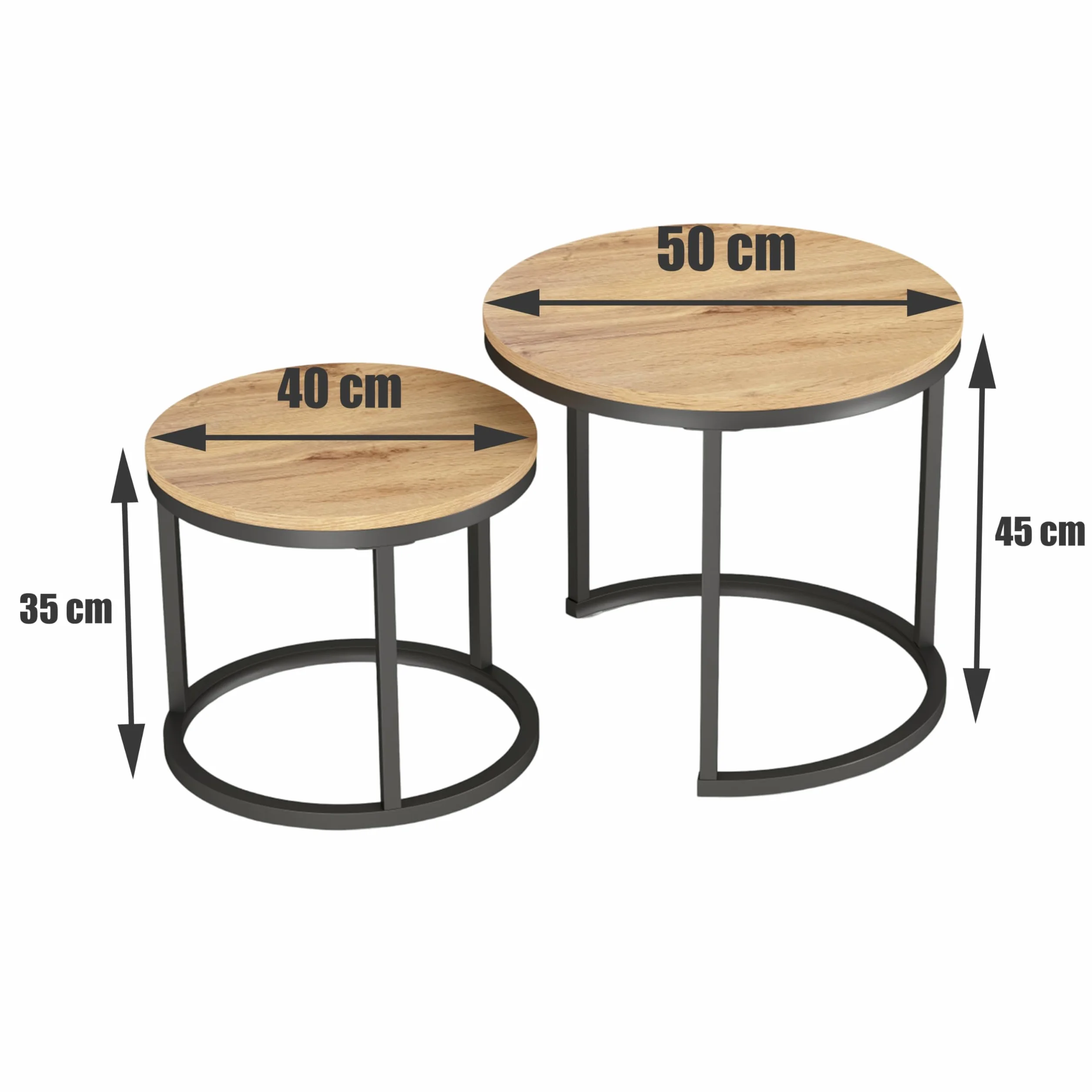 Juego de 2 Piezas para Mesa Auxiliar Sofa, Mesa Centro Madera con Marcos Negros, Mesa de Centro Redonda con Efectos de Grano de Madera, Mesas de Centro Pequeñas Modernas
