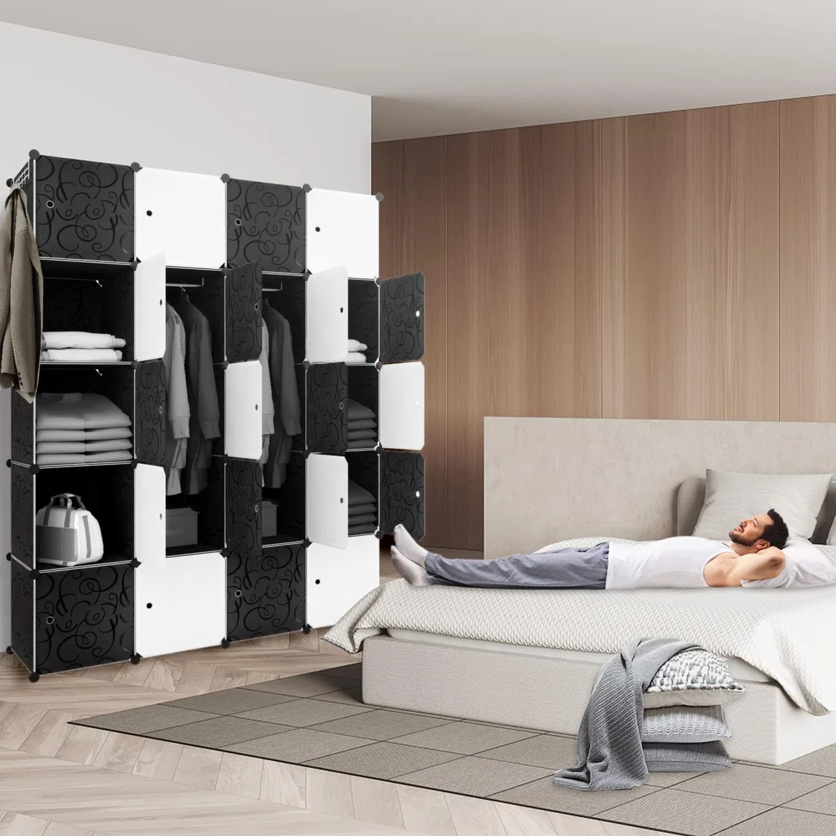 Froadp Armario plegable de 178 x 145 x 35 cm, sistema de estanterías de plástico, armario con 20 compartimentos, sistema de estantería, armario para ropa, zapatos, juguetes, libros, blanco y negro