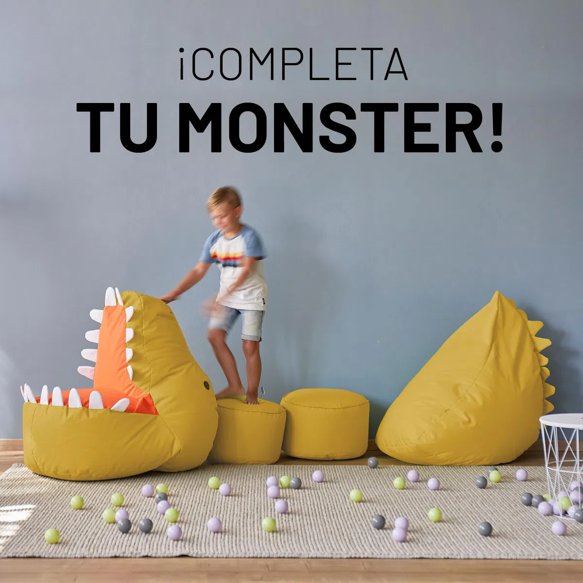 Lumaland Puf infantil Monster | Puf Animal Familia | Bolsa impermeable | Fácil cuidado | 80 x 80 x 70 cm, 2,9 kg [amarillo]