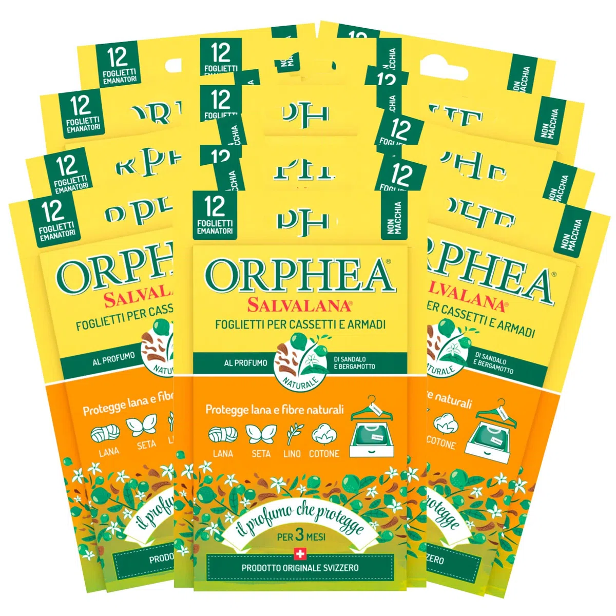 Orphea 12 hojas de papel para cajones y armarios protege lana y fibras naturales al perfume de sándalo y bergamota - 12 paquetes de 12 hojas cada una