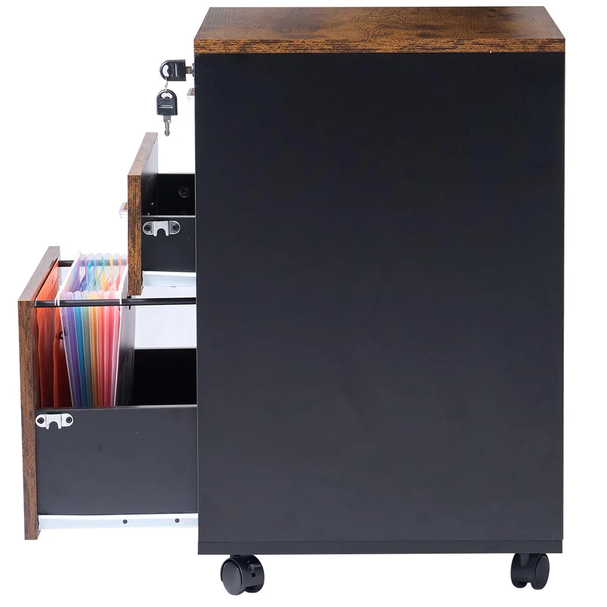 SogesPower Mueble Archivador de 3 cajones, Armario Móvil, con ruedas universales fijas, cerradura de cajón, 48 x 42 x 65 cm, Vintage Marrón