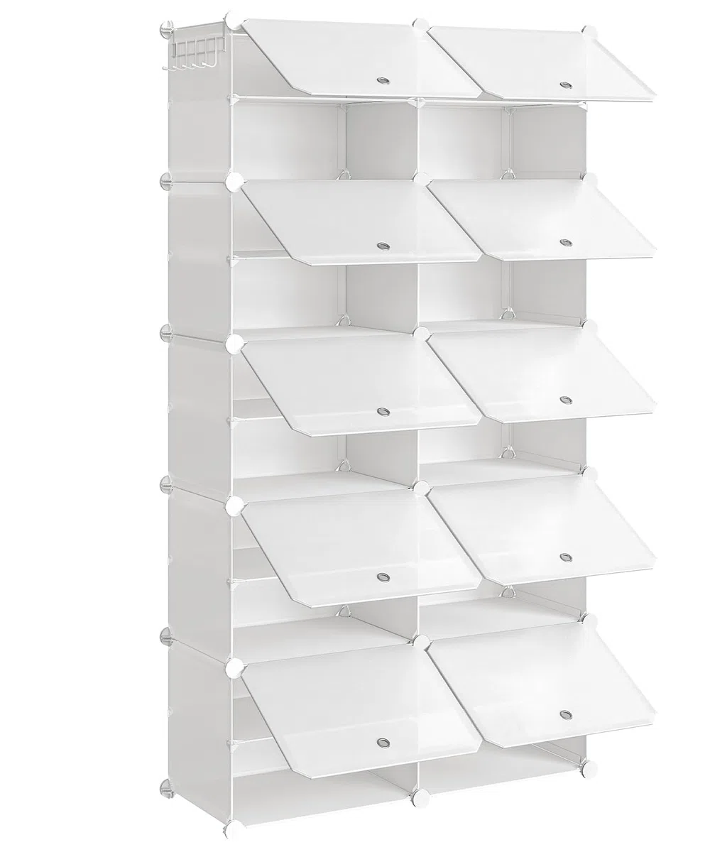 HOOBRO Mueble Zapatero, 10 Compartimentos, Modular Zapatero, Estantería de Plástico, con Puerta, Compartimento 40 x 30 x 30 cm, para Salón, Pasillo, Entrada, Dormitorio, Blanco EWT210SC01