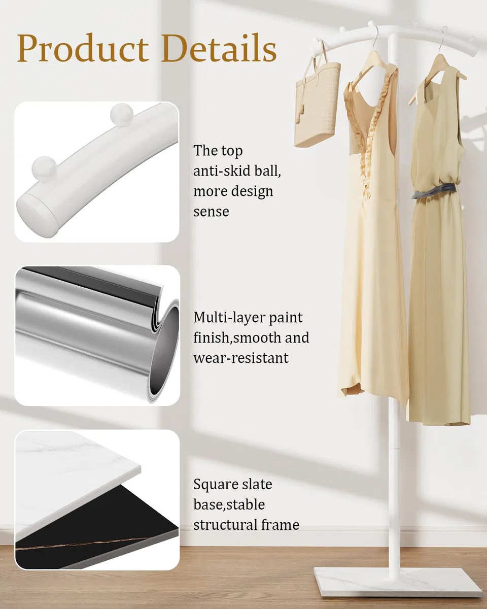 Perchero de metal de pie, Moderno Colgador de Ropa Curva en Forma de T, con Placa Inferior de Roca Gruesa, Percheros para Sala de Estar, Dormitorio, Entrada y Oficina, 175cm, Blanco