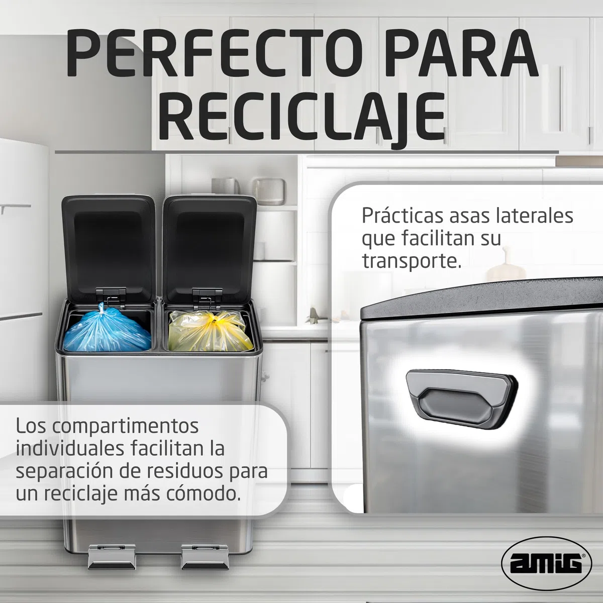 Amig - Cubo de Reciclaje Doble con Pedales Mod. RECIK EVO 40 L - 2 Compartimentos x 20 L - Acero inoxidable - 45 x 30 x 52 cm - Plateado