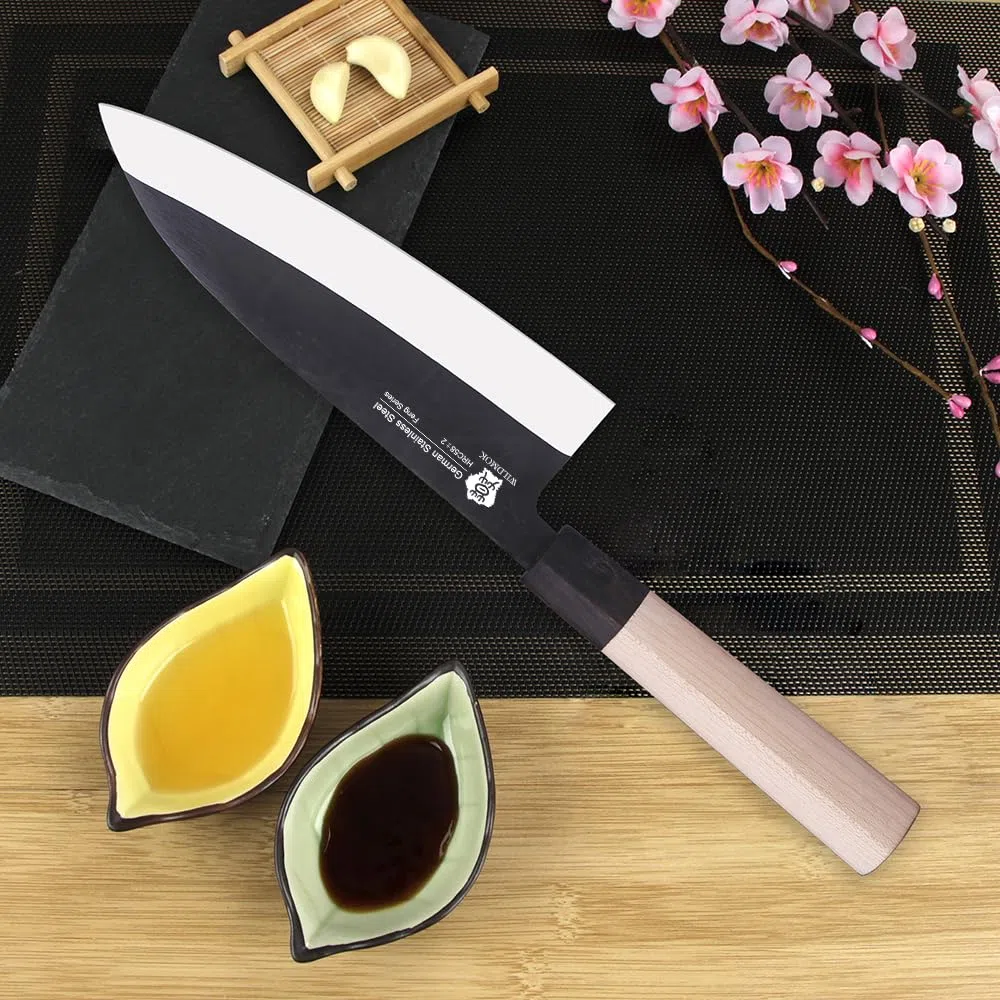 WILDMOK Cuchillo Deba de 7 pulgadas – Cuchillo asiático Usuba Sashimi de salmón con hoja de acero inoxidable alemán y mango de madera tradicional