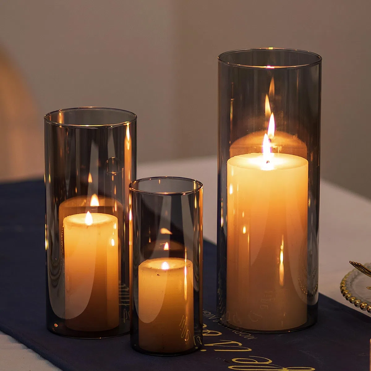 Romadedi Portavelas de cristal con cilindro de cristal: gris portavelas para velas de pilar, velas flotantes, jarrón de cristal, farolillos para salón, mesa de comedor, decoración del hogar
