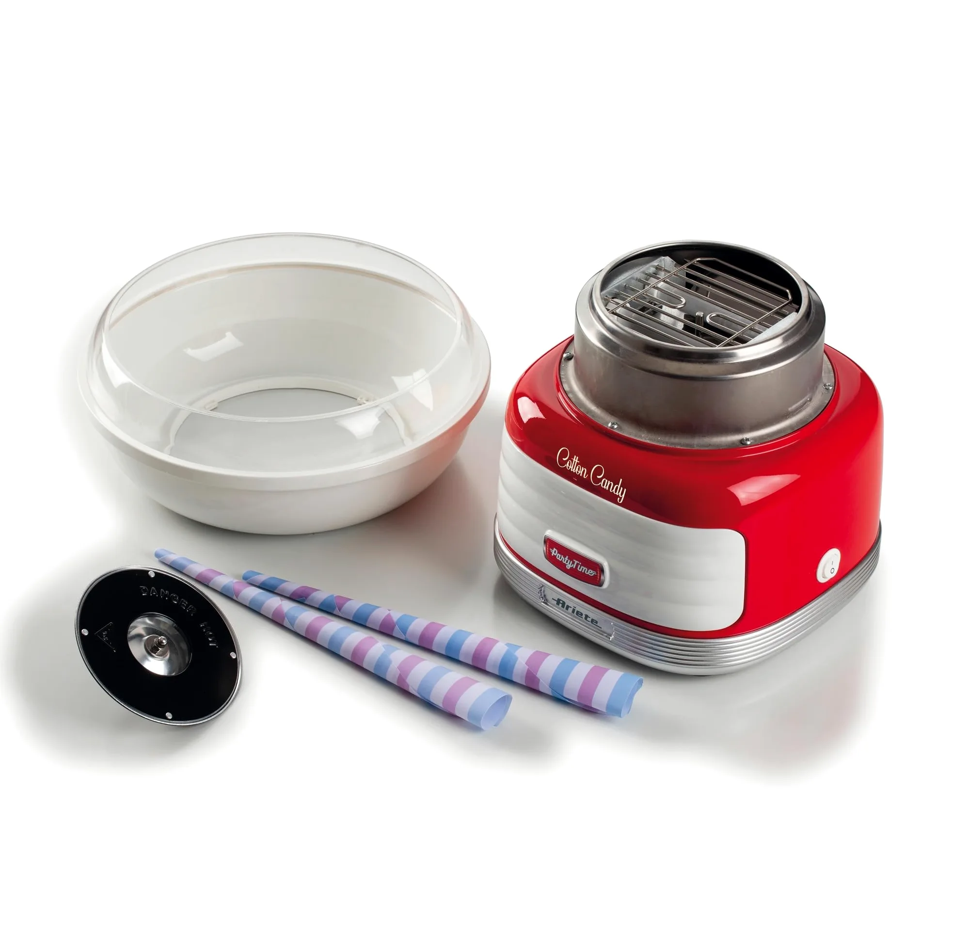 Ariete 2973, Máquina de algodón de azúcar Party Time, cotton candy, 500w, diseño retro, funciona con azúcar y caramelos duros, 2 conos de plástico, desomontable, color rojo