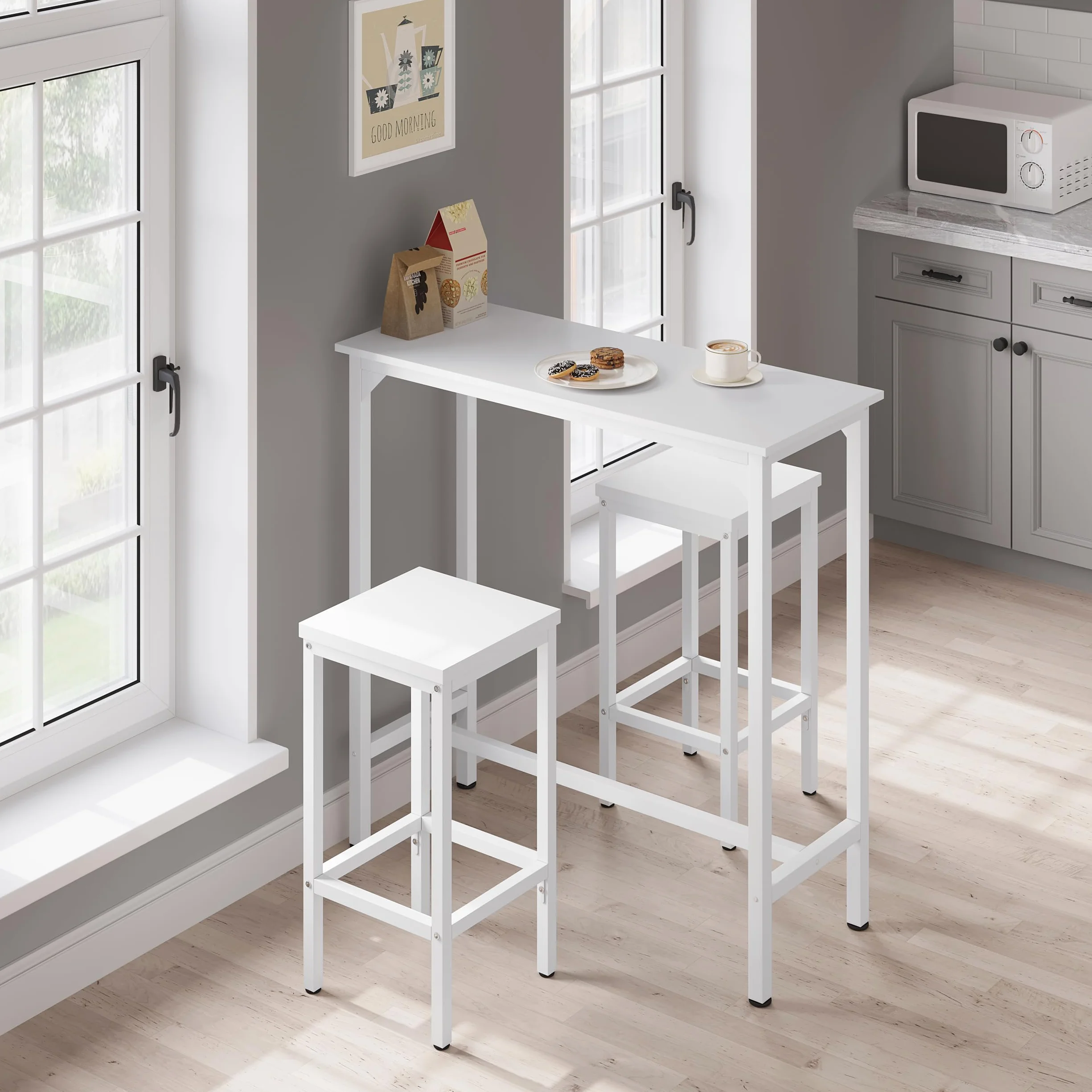 EUGAD Mesa Alta Cocina, Mesa de Bar Estrecha, para Isla de Cocina, Comedor, Barra Bar y Cafeteria, Marco Metalico, Encimera Madera, Pies Ajustable, Estilo Industrial, Blanco, 100x40x100 cm