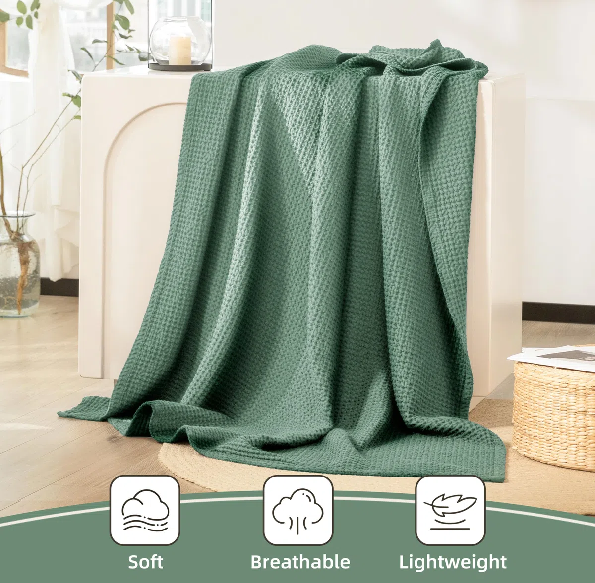 CHUFFED - Manta 100% algodón tejido gofre, 220x240cm, suave, ligera, cobija de arrullo para todas las estaciones, capa perfecta para sofá, cama y sillón, elegante decoración del hogar, tamaño Queen