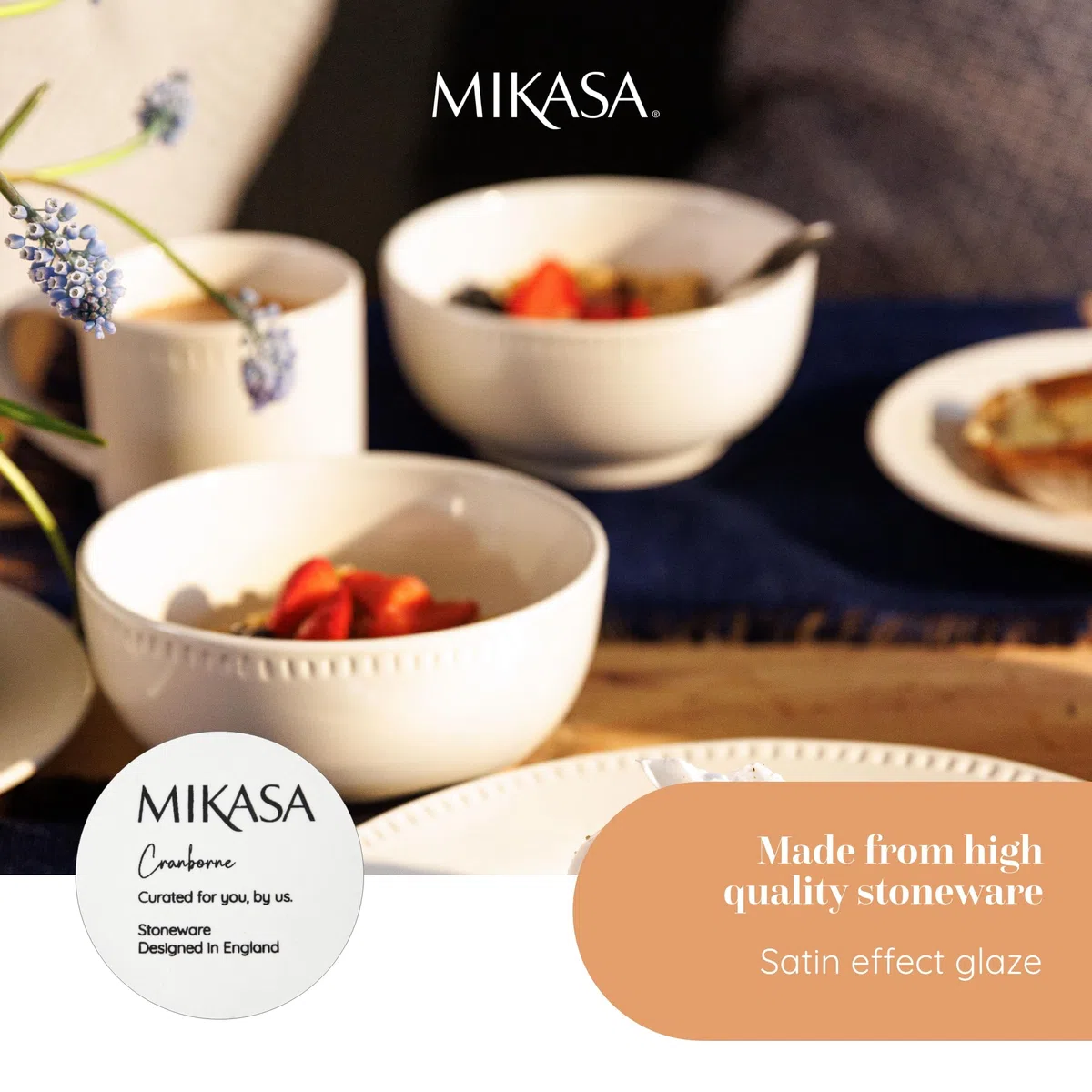 Mikasa Cranborne Set de 4 Cuencos de Cereales de Gres, Servicio para 4, Juego de 4 Cuencos de Cereal en Gres, 15cm, Crema - Apto para Microondas y Lavavajillas