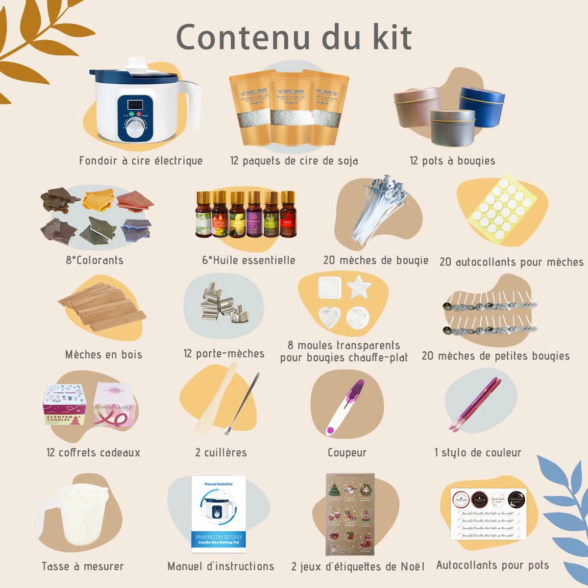 KQU Set para Hacer Velas para Adultos con Caldero de Fusión de Cera Digital, Cera de Soja, 12 Vasos, 8 Moldes para Velas, 6 Fragancias y Cajas de Regalo