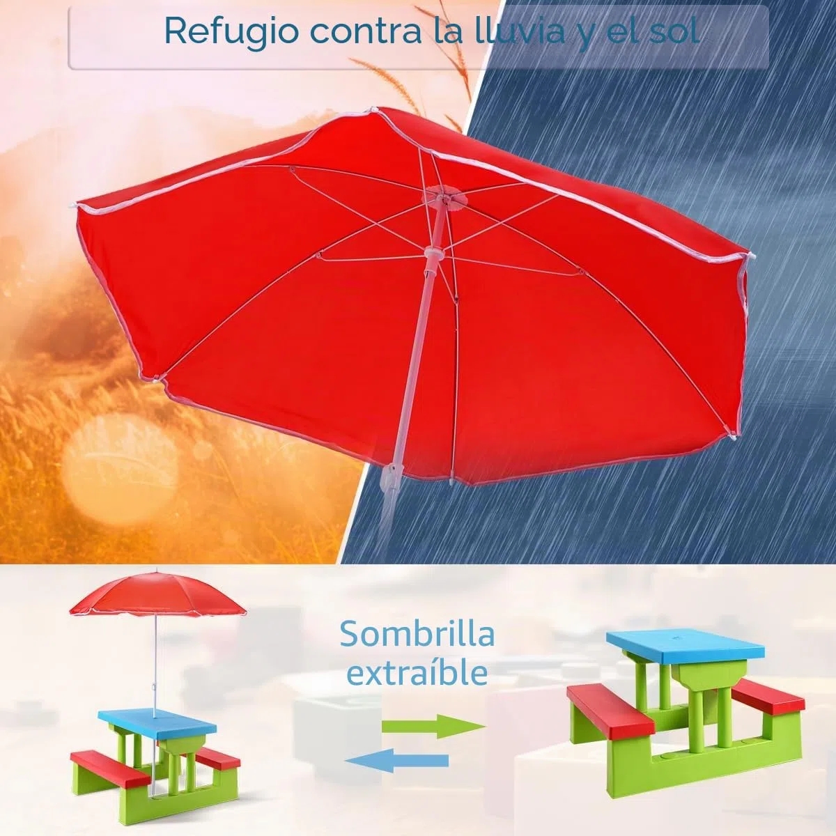KOMFOTTEU Conjunto de Asientos Infantiles con Sombrilla, Juego de Picnic para Niños con 1 Mesa y 2 Bancos, Juego de Muebles para Jardín, Parque, Terreza (Verde + Rojo + Azul)
