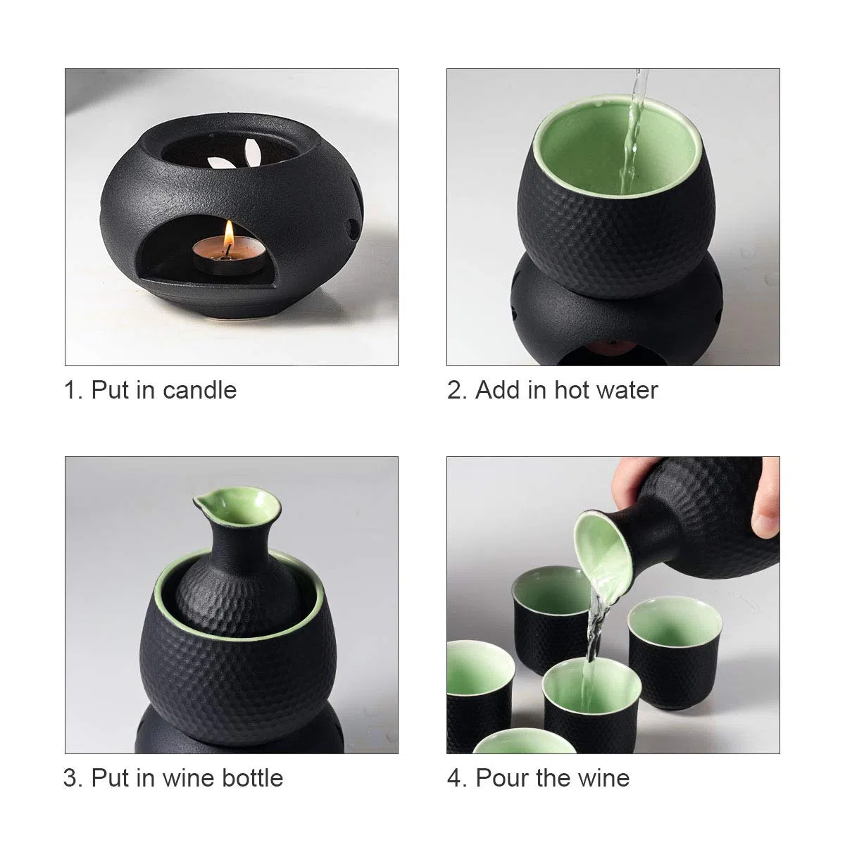 Juego de tazas de sake, caja de regalo de almacenamiento más cálido, bebida de saki caliente de porcelana, 9 piezas incluyen estufa, cuenco de calentamiento, botella de sake 6 tazas