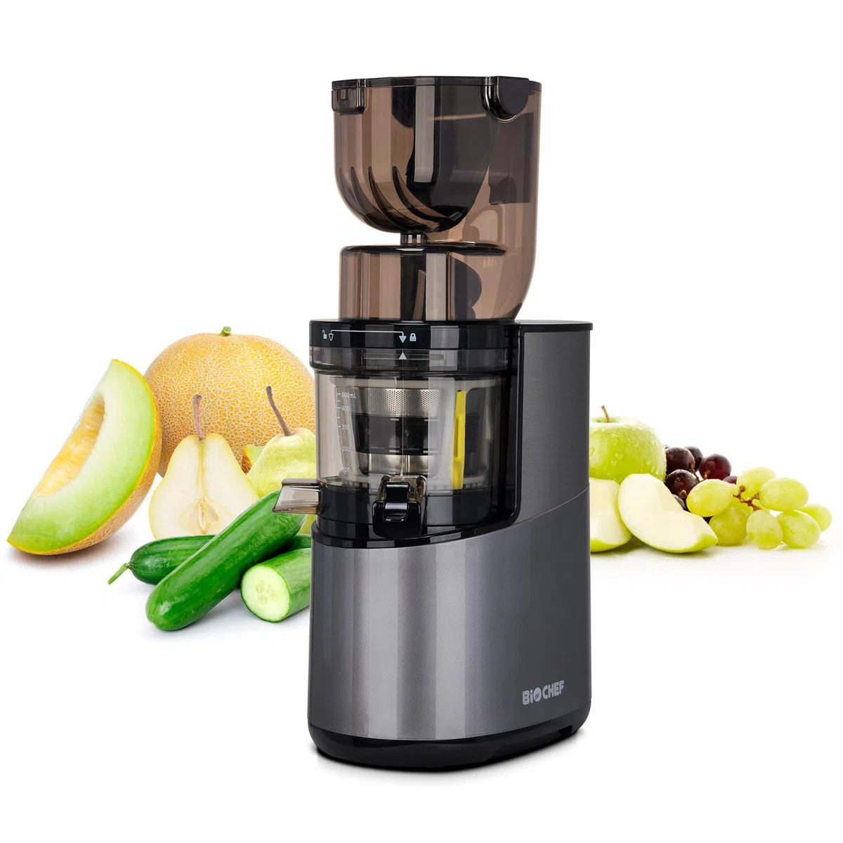 Extractor de jugo BioChef Atlas Whole Slow Juicer PRO – Potente motor 350 W y 40 rpm | Gran apertura 8 cm x 8 cm | Versátil: jugo, sorbets, mantequillas de nuez (plateada)