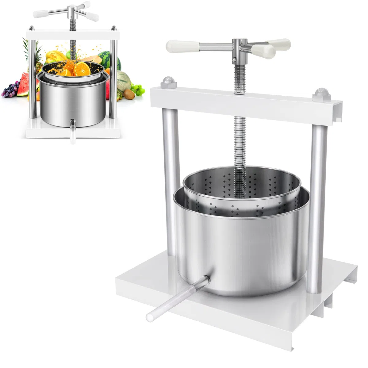 Aufun prensa de frutas 5L cesta de acero inoxidable, prensa de frutas prensa de vino 430 de acero, prensado de uvas, frutas, carne, hierbas, grasa, queso vegetal (5L)