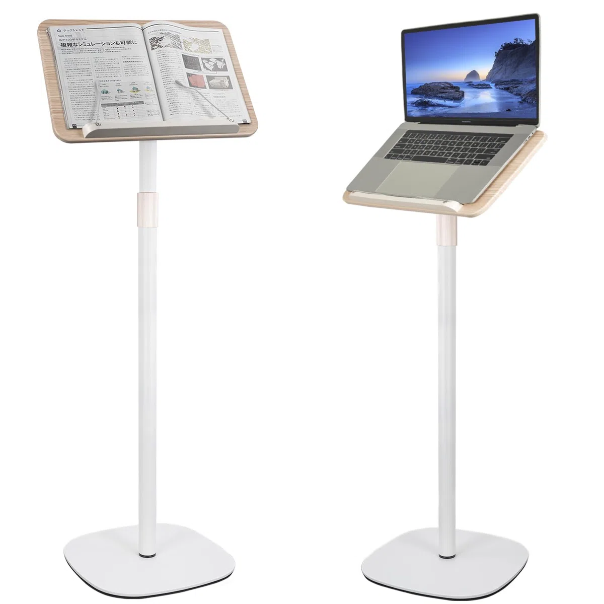 OUUTMEE Soporte de lectura de pie ajustable de 50 a 130 cm, soporte plegable para laptop, soporte de lectura de libros de madera, escritorio portátil para tableta, para libros, laptop, música y