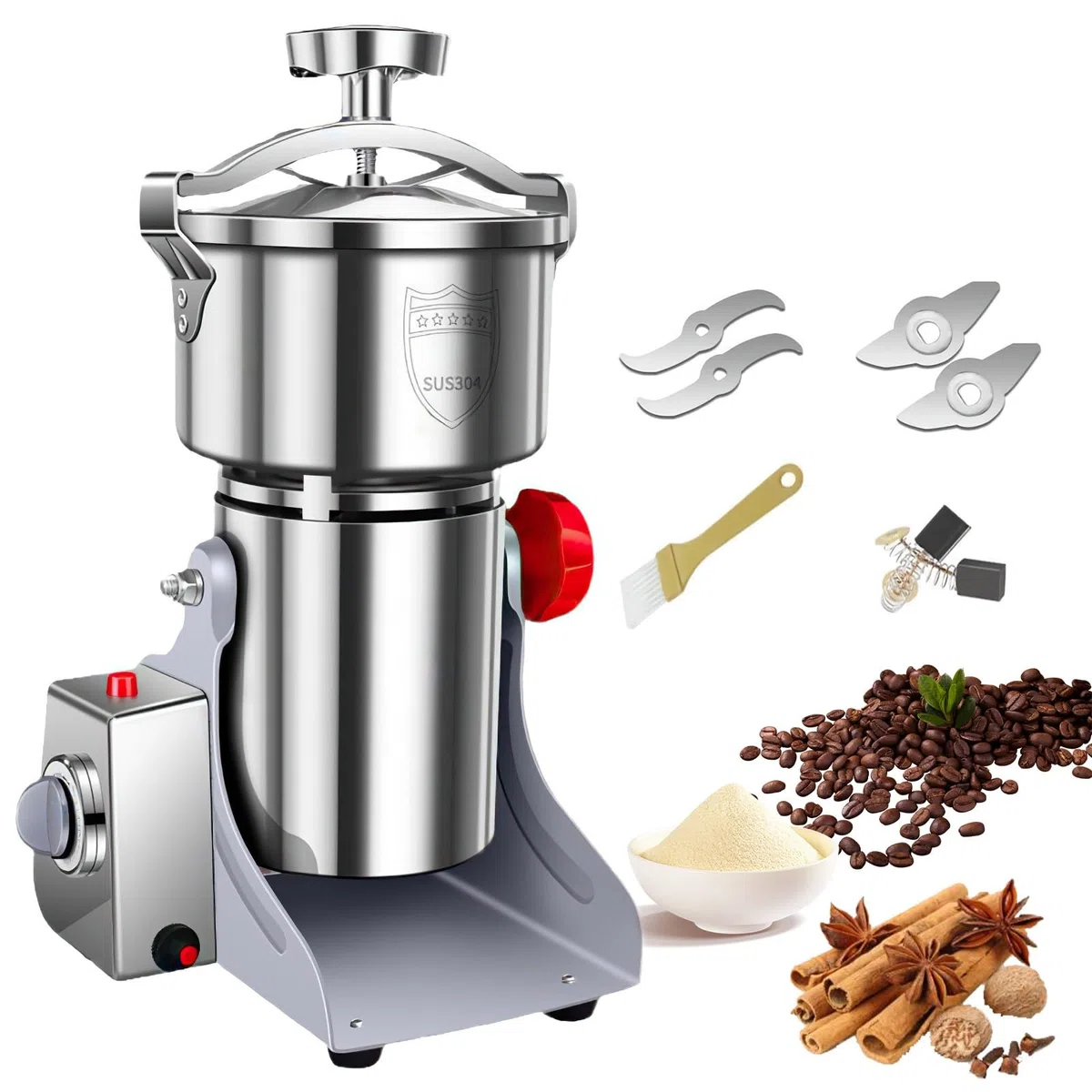 Molino de Cereales Eléctrico 800g,Molinillo de Especias Comercial 3500W,28000 RPM, Fabricado en Acero Inoxidable 304, para Cereales, Especias, Café y Hierbas