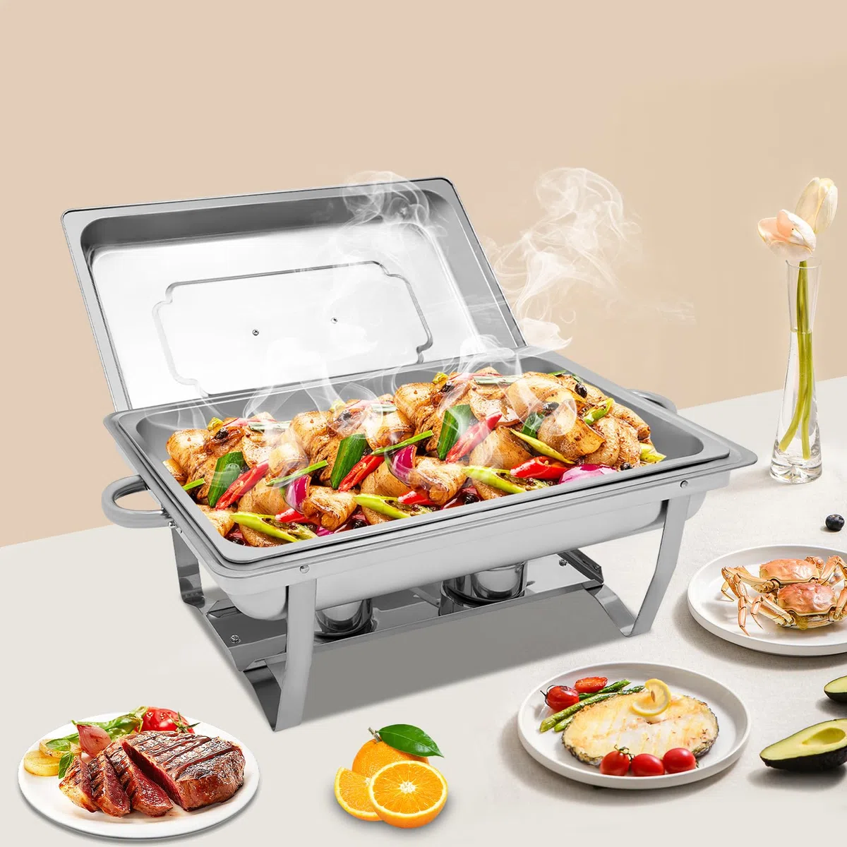 Chafing Dish Buffet Set Set 9L Acero Inoxidable Calentador, 62 x 34 x 31 Calientaplatos y Calentadores de Comida, Recipiente de calor, para Catering, Buffet, Fiesta, Boda, Plata