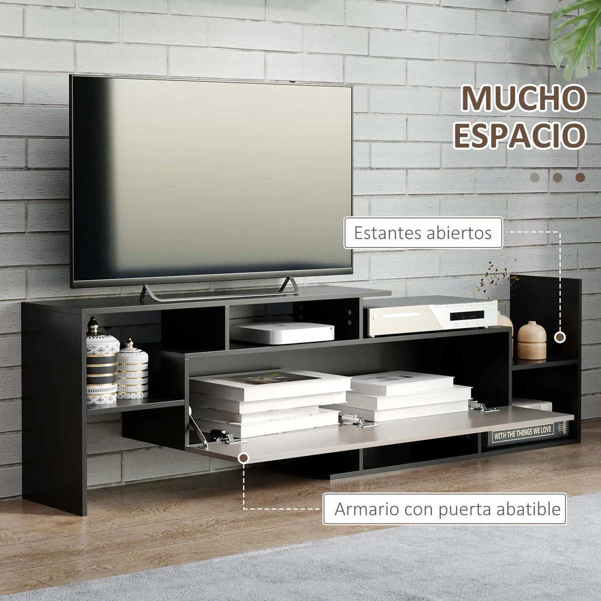 HOMCOM Muebles de Salón Conjunto Muebles de TV para Televisiones de Pared hasta 65" o de Pie hasta 40"con Mesa para Televisor 153,6x25x42 cm y Estante de Pared 150x14,5x16,3 cm Negro y Marrón