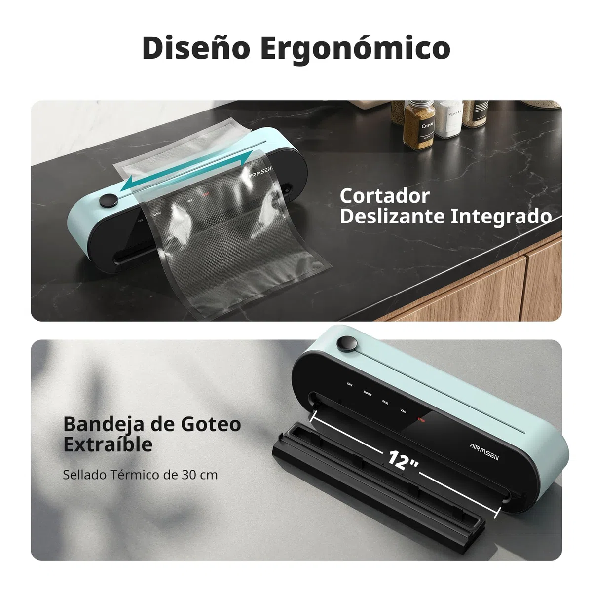 AIRMSEN Envasadora al Vacío 6 en 1 Totalmente Automática con Función de Inflado, Succión Profunda Profesional de Una Mano, Cortador Integrado y Soporte para Tubo, Incluye Bolsas, Verde