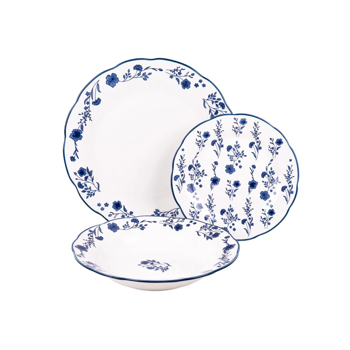 Cofan Vajilla de porcelana esmaltada | Juego de 18 piezas | Diseño floral azul y blanco | Apta para lavavajillas, microondas y horno