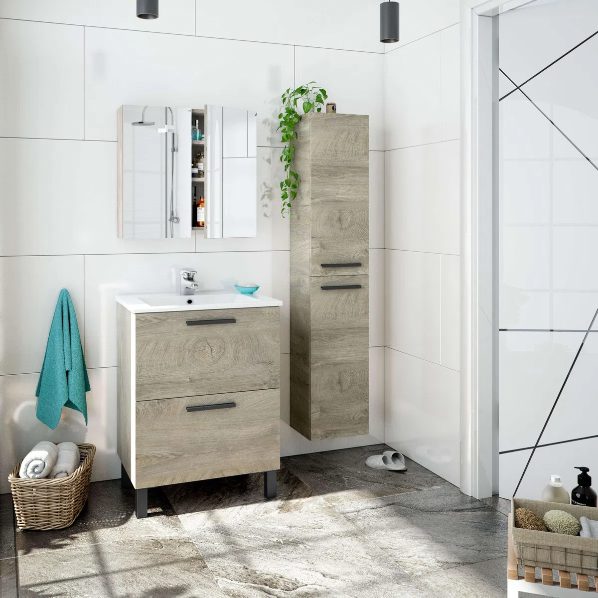 ARKITMOBEL Athena Columna de Baño Suspendida, 2 Puertas, Roble Alaska, Grande