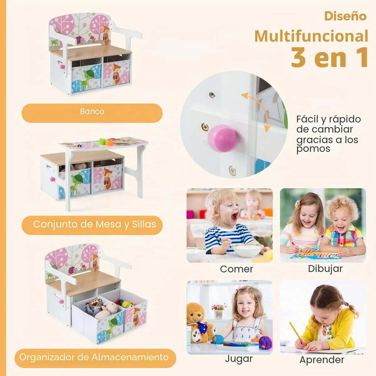 RELAX4LIFE 3 en 1 Baúl Juguetes Infantil de Madera, Juego de Mesa y Silla Infantil con Banco Convertible, Caja Almacenaje, Respaldo y Reposabrazos, Mesa y Sillas para Niños 3-7 Años (Rosa)